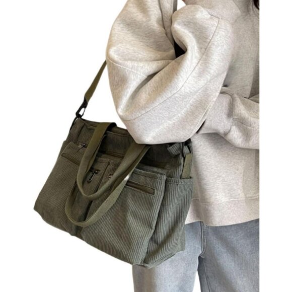 Green Corduroy Satchel Bag for Women, Large Capacity Multi-Pocket Tote Handbag w - Picture 8 of 9